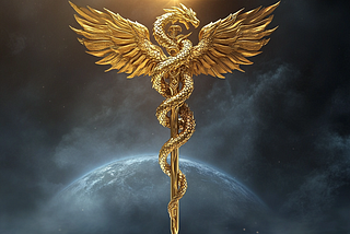 Golden dragon caduceus over Earth