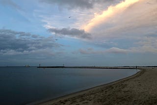 A picture of the Delaware Bay from Lewes Beach at sunset as two birds swoop over the bay.