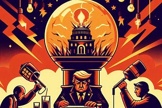 Illustration in bold orange, red, and black shows a man resembling Donald Trump seated at a desk. Above him is a glowing lightbulb encasing a dark government building, emitting lightning bolts. Two individuals on either side are depicted holding oversized microphones shaped like gas pumps, seemingly fueling or recording him. Hanging lightbulbs and sharp lightning motifs intensify the dramatic, high-stakes. The scene conveys themes of political power, media influence, and manipulation.