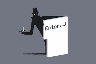 A menacing figure in a hat and mask, dressed from head to toe in black, is holding what looks like a lit grenade in one hand while beckoning with a bright white sign on which the words “Enter” are written. There is an arrow on the sign pointing toward the grenade.