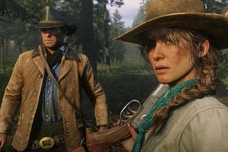 A screenshot from the Red Dead Online video game showing characters Arthur Morgan and Sadie Adler.