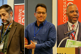 Three-panel image showing conference speakers at podiums: left panel shows a man with gray beard in brown jacket speaking into microphone, center shows man in blue button-down shirt gesturing while holding an award, right shows man in suit with striped tie speaking at podium with engagement guide visible.