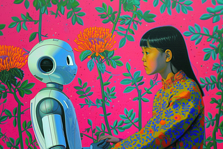 AI image created on MidJourney V6 by the author using the new feature “Style Reference”, a girl holding hands with robot, AI image created on midjourney v6 by henrique centieiro and bee lee