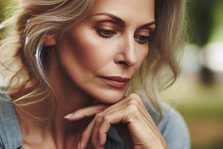 Photo-realistic image of an older woman deep in thought with an outdoors background