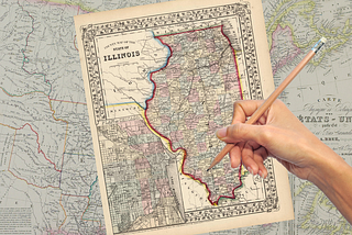 A hand holding a pencil above a map of Illinois.