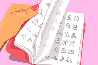 Drawing of a pink book with pages full of logo designs