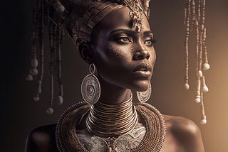 Portrait of an African woman wearing ceremonial jewellery and an ornate headdress, symbolising feminine strength, sovereignty, and spiritual power.
