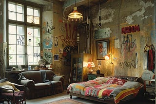 A basic bedroom with graffiti on the walls and a knitted coverall