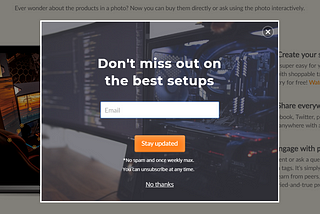 A popup window for subscribing for a newsletter. The header text reads: “Don’t miss out on the best setups”