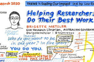 Sketchnotes from Brigette Metzler’s talk at Advancing Research 2020 “Helping Researchers Do Their Best Work”