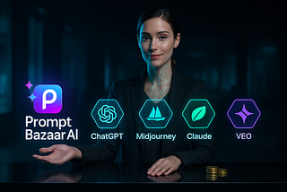elegant AI-human entrepreneur now presents four holographic LLM icons — ChatGPT, Midjourney, Claude, and VEO — beside the glowing Prompt Bazaar AI logo. Subtle gold coins on the desk hint at her earnings from premium prompts. promptbazaar.ai