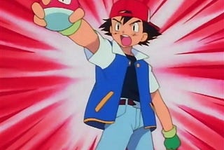 A scene from Pokémon, Ash Ketchum holds pokéball out, ready to battle