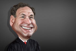 Caricature of Sam Alito, smiling in his judicial robe.