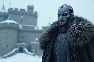 A robotic Jon Snow stands in front of Winterfell Castle in the snow.