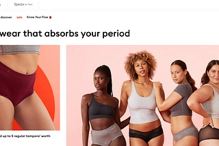 Screenshot of the Thinx website featuring headline “underwear that absorbs your period”. Photo on the left of model in maroon underwear product. Photo on the right of several diverse women wearing assorted tasteful Thinx under garments.