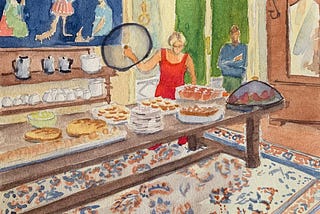 Photo of a watercolor painting by Roxanne Steed depicting chef Marie revealing the evening’s dinner at Chateau Orquevaux, France