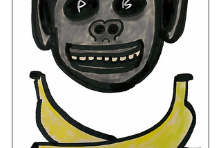 The full art version of Island of Monkies features a black money face with the letters ‘P’ and ‘B’ replacing the monkey’s eyes. Beaneath the monkey face are two crossed ripe bananas.