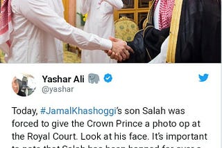 Twitter reacts to orchestrated condolence meeting between Khashoggi’s son and Saudi royals.