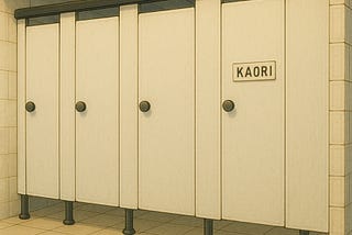 A row of bathroom stalls, with one labeled “KAORI.”