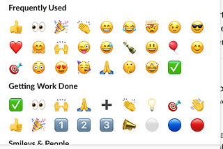 Slack emoji selector interface with various emoji symbols