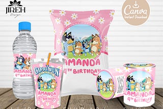 Editable Bluey Girl Party Printable Bundle, Bluey girl chip bag juice water label rice krisp, Bluey Girl Birthday Printable, Canva Template