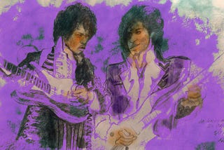 “Jimi Hendrix and Prince in concert” pencil sketch / computer colorized.