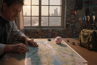 Man reviewing a city map. His desk has a piggy bank on it, as well as some dice and a bag with arrows in it. The window looks over a city and the wall has postcard images of many other cities tacked on it.