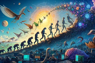 The image, designed to emphasize the digital essence of artificial intelligence evolution, is now showcased. It encapsulates the journey from simple digital organisms to the sophisticated AI humans of today, with each evolutionary stage infused with digital and technological motifs, ensuring that the creatures distinctly mirror their digital origins.