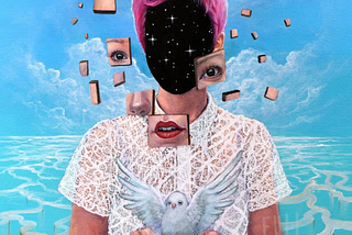 a woman with pink hair and a white top holding a dove, her face is fractured into many pieces that are floating around her head, and where her face would normally be is the night sky with stars