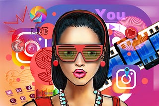 Instagram face. A digital picture of woman with Instagram face lips and social media icons in the background. She wears glasses, red earrings and a necklace.