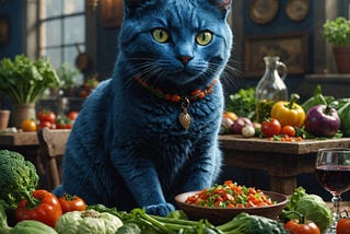 A beautiful blue cat sits at a table full of various vegetables and eats them with pleasure