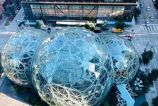 View looking down at the Bezos Balls, 3 large spheres filled with botanical gardens inside that are mostly closed to the public