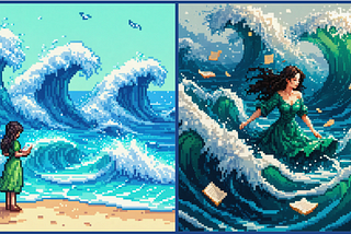 Comic strip of a writer standing by water, the waves getting bigger, stepping into the water, and working in peace at bottom of ocean.