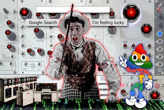 A cane-waving carny barker in a loud checked suit and straw boater. His mouth has been replaced with the staring red eye of HAL9000 from Kubrick’s ‘2001: A Space Odyssey.’ He stands on a backdrop composed of many knobs, switches and jacks. The knobs have all been replaced with HAL’s eye, too. Above his head hovers a search-box and two buttons reading ‘Google Search’ and ‘I’m feeling lucky.’ The countertop he leans on has been replaced with a code waterfall effect as seen in the credit sequences