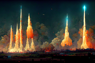 AI (Midjouney) generated illustration of a six abstract looking rockets with long blast-streams lifting off the ground and into a dark sky above.