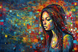 A girl, lost in thought, thoughtful in a celestial scene with many colors. “There’s something looming over, it’s not clear from where it came — the monstrous cloud unfolding, heavy, sinking in the rain. I can’t quite hit the high notes, the bass is just too deep. My voice is not the problem — maybe I need some sleep.” Excerpt from a story written by Lori Brown on Medium.