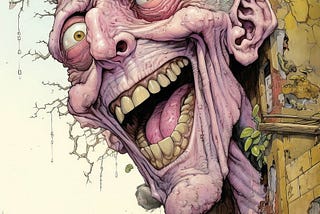 A weird funny ugly face, AI generated to look insane, pops out of a wall.