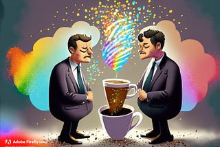 White men in suits, looking constipated with pain on their faces, a large cup of coffee is being poured on them with sparkles and rainbows coming out of the coffee cup
