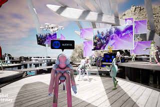 Screenshot of the EU’s Global Gateway Virtual World showing an avatar against the backdrop of a virtual beach party.