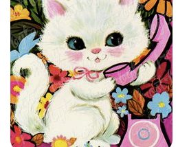 Vintage image of a white kitten answering a pink phone