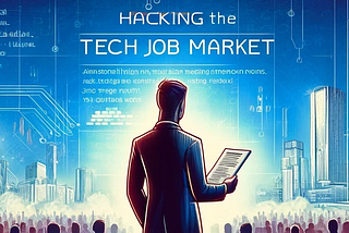 Digital illustration of a professional individual standing out in a tech environment. The central figure is dressed in business attire, holding a resume that prominently displays ‘Hacking the Tech Job Market’. The background is a high-tech landscape featuring elements like computer code, network diagrams, and futuristic cityscapes, all in a vibrant, eye-catching color palette. This image embodies themes of innovation and success in the competitive tech job market.