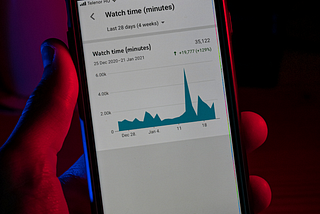 A person holding a black android smartphone and viewing youtube watch time statistics
