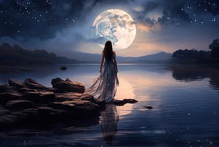 A woman stands on the shore of a moonlit lake.
