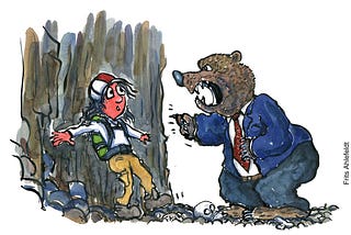 Hiker up a wall with a bear standing in front of him — in a full suit and a tie. Illustration by Frits Ahlefeldt