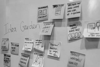 A black and white photograph of a whiteboard with post-it notes on it.