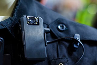 Photo of a the left shoulder of a police officer uniform with a body-camera attached.