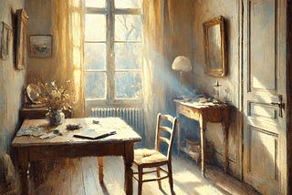 An impressionist-style painting of a quiet, sunlit room with a serene yet melancholic atmosphere. The room contains a few personal objects, like a forgotten notebook on a wooden table and a chair slightly askew. The space feels empty yet reflective, with soft, muted tones of beige, blue, and warm sunlight streaming through a window. A sense of nostalgia and introspection permeates the scene, with subtle, expressive brushstrokes typical of impressionist art.