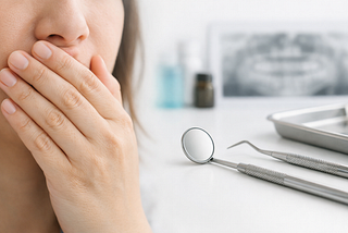 A close‑up photograph divided into two halves: on the left, a woman covers her mouth with her hand, her expression partly hidden and softly blurred; on the right, a set of stainless‑steel dental tools, mirror, probe, and tweezers, rest on a clean white surface beside a blurred dental X‑ray. The composition contrasts human vulnerability with clinical precision.