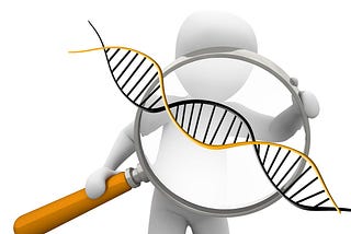 Illustration of person looking through magnifying glass at double helix.