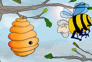 A cartoon self-portrait of the poet as a bumblebee (head of a man with gray hair and beard, body of a bee), flying toward a hive in a tree branch. Art by Doodleslice 2024